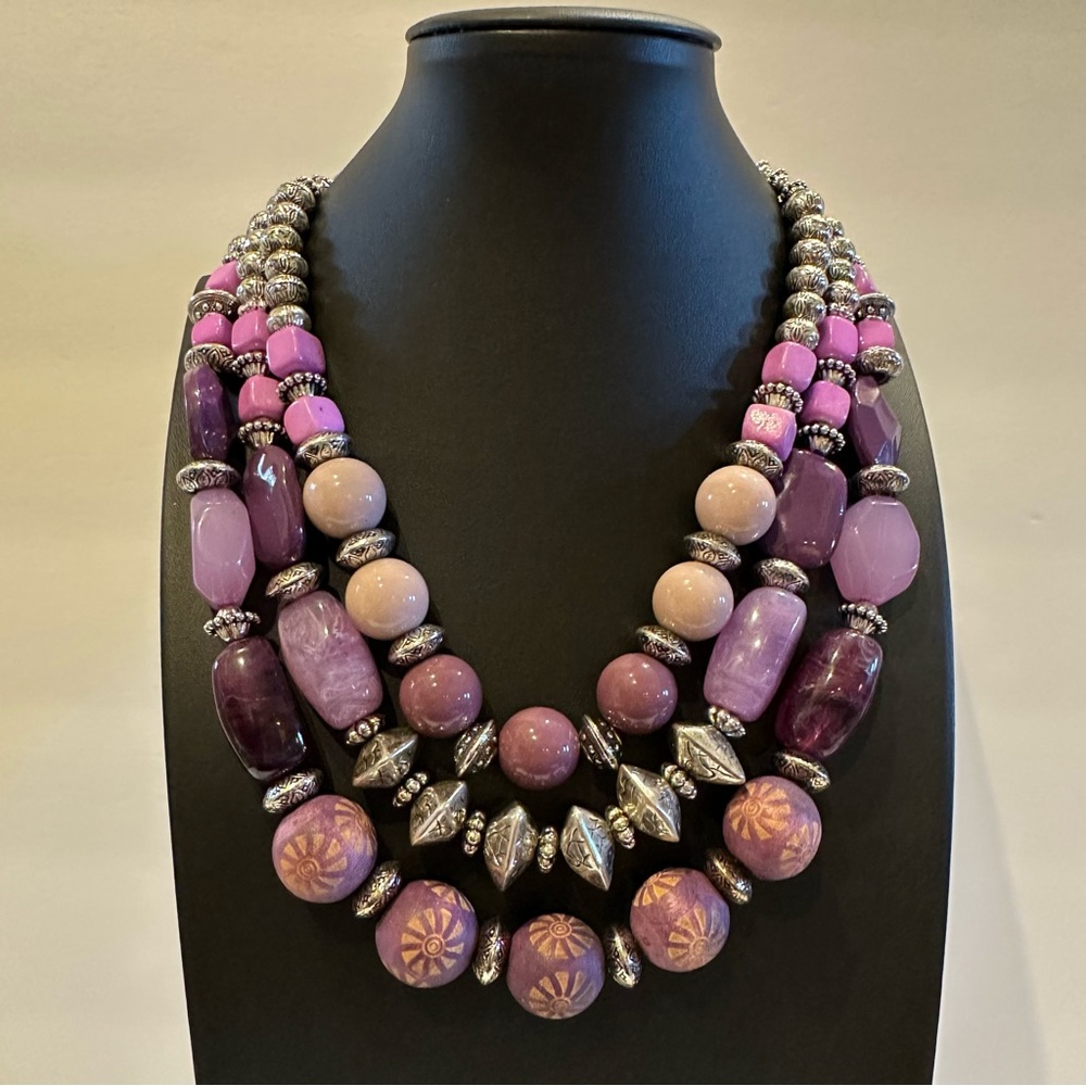 Bocar Necklace multistrand silver tone & shades of purple acrylic beads